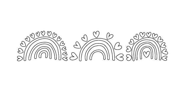 Cute doodle love rainbows set verschiedene arten von regenbögen mit herz-vektor-set