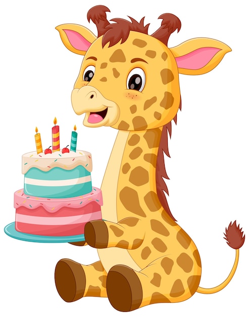 Cute giraffe cartoon mit geburtstagskuchen vektor-illustration tier-natur-ikonen-konzept