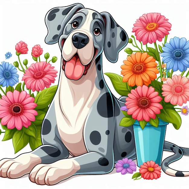 Vektor cute great dane dogs amp blumenvektor zeichentrickfilme