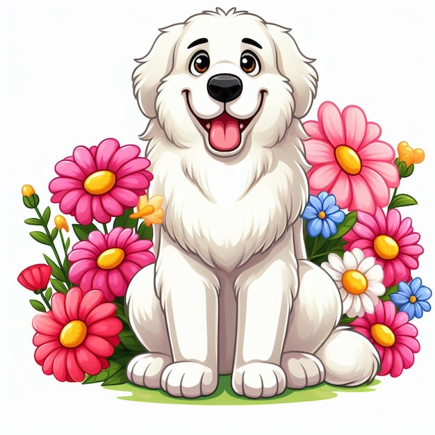 Vektor cute great pyrenees hund und blumen vektor cartoon-illustration