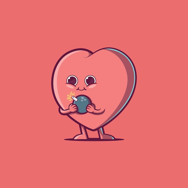 Cute heart character mit einer bombe in der hand vektorillustration liebe fettleibigkeit designkonzept