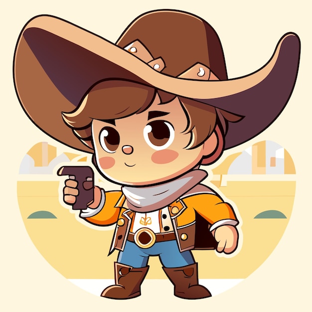 Cute junge als cowboy gekleidet mit einem revolver handgezeichneter cartoon-sticker-ikonen-konzeptillustration