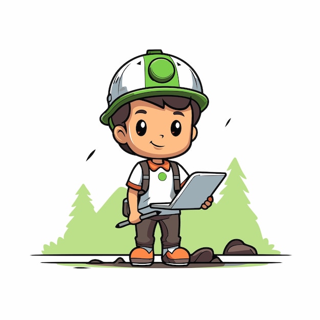 Vektor cute junge arbeitet mit einem laptop im park vektor-illustration