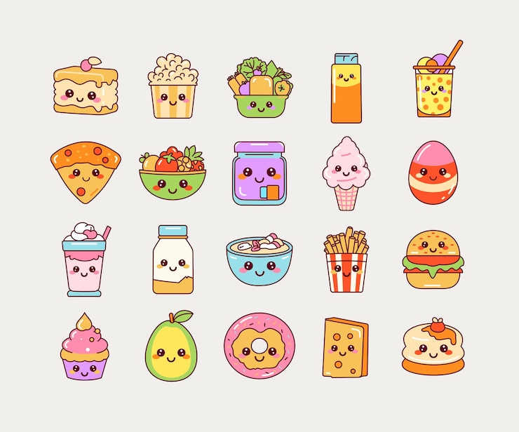Cute Kawaii Food Clipart Collection Aktienvektor