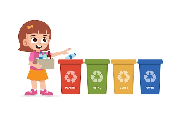 Vektor cute kleines mädchen werfen plastikmüll zum recycling bin vektor-illustration