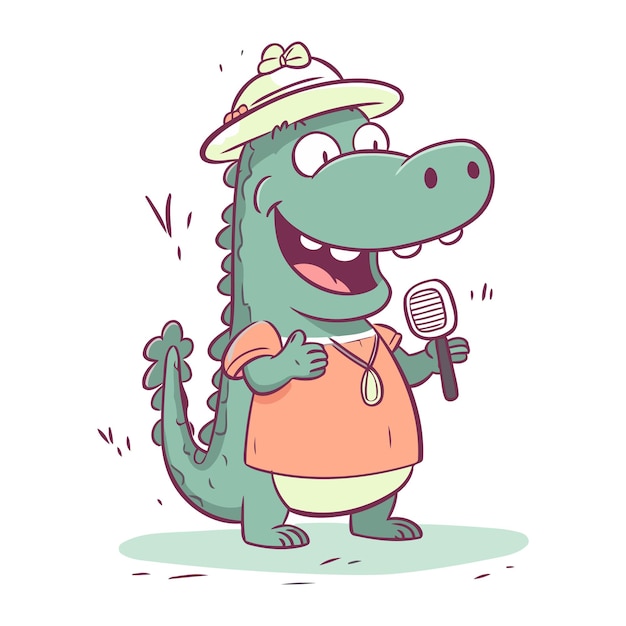 Vektor cute krokodil singt karaoke vektor cartoon-illustration