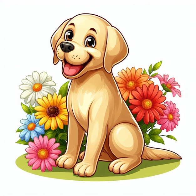Vektor cute labrador retriever hund und blumen vektor cartoon-illustration