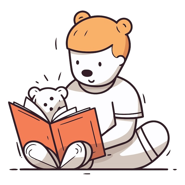 Vektor cute little boy reading a book with teddy bear