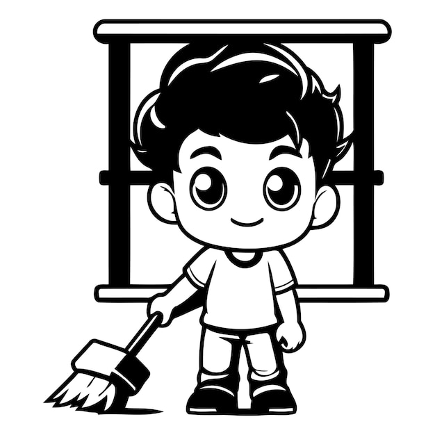 Vektor cute little boy reinigt fenster mit mop-vektor-illustration
