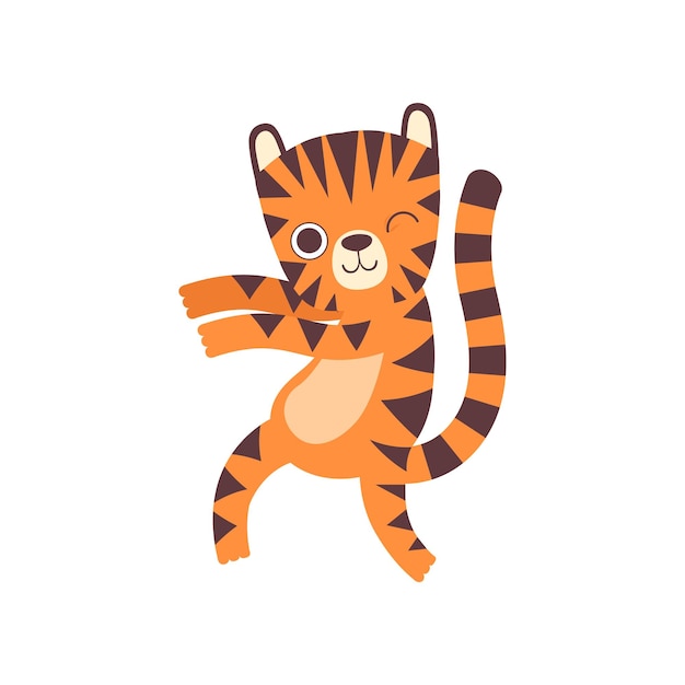 Cute Little Tiger Dancing Adorable Wild Animal Cartoon Character Vector Illustration auf weißem Hintergrund