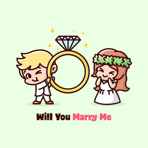 CUTE MARRIEGE COUPLE BRINGT EINEN GROSSEN RING MIT DIAMANT UND FÜHLT SICH GLÜCKLICH. VALENTINSTAG ILLUSTRATION.