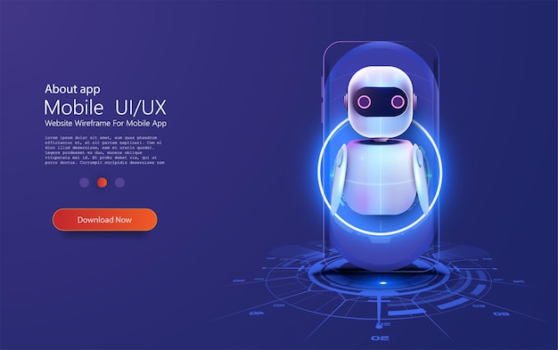 Cute Neon-Cartoon-Roboter AI Content Generator Chatbot-Technologie isometrisch Technologie und Ingenieurwesen AI-Chat-Bot basierend auf künstlicher Intelligenz und neuronalen Netzwerken Online-Trainingsbanner
