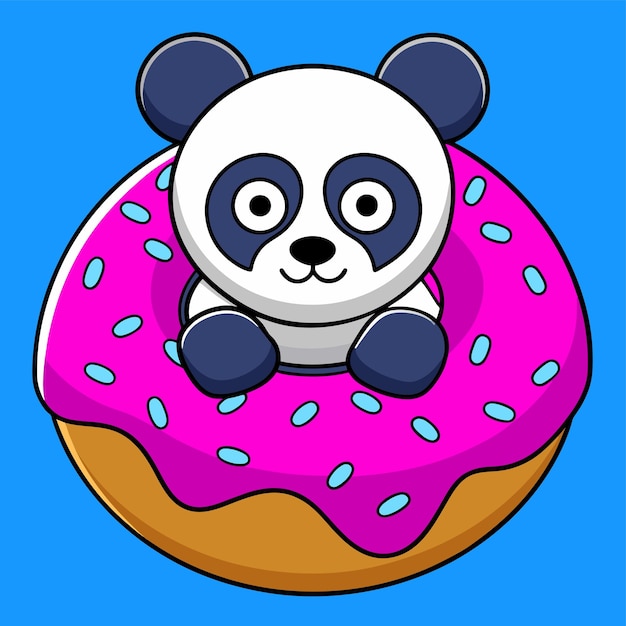 Vektor cute panda in der donut handgezeichnetes maskottchen zeichentrickfigur aufkleber ikonen konzept isoliert