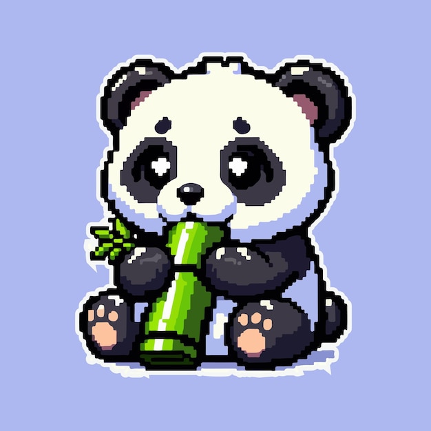 Vektor cute panda isst eine bambus-pixelkunst