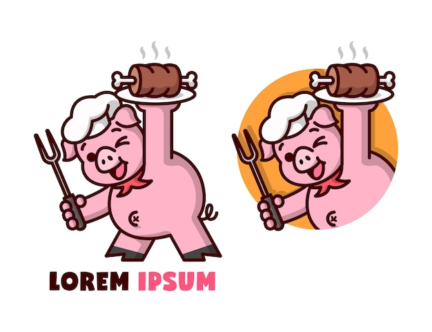Cute pig chef, der eine platte fleischkarton-logo serviert