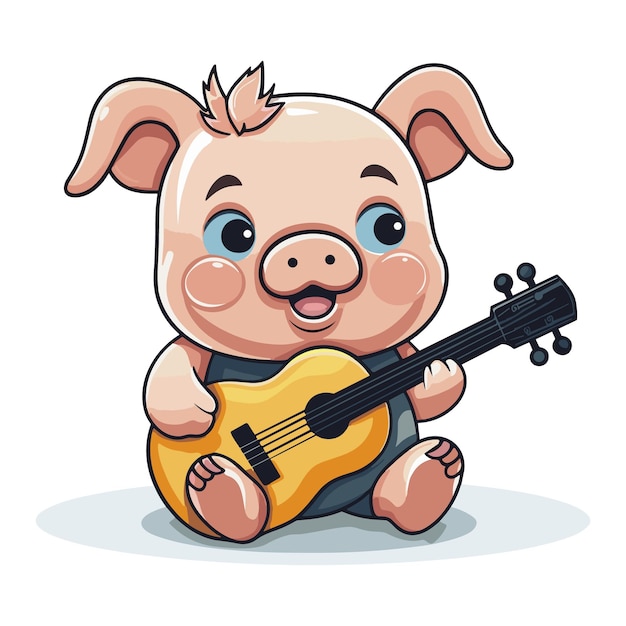 Cute pig spielt gitarre cartoon-illustration