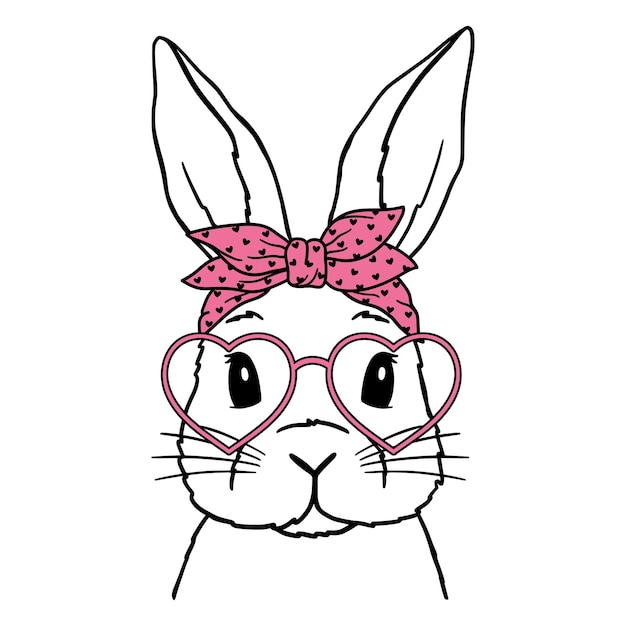 Cute rabbit line art bunny mit bandana und brille osterhasen-druck mit herzen bunny-skizze