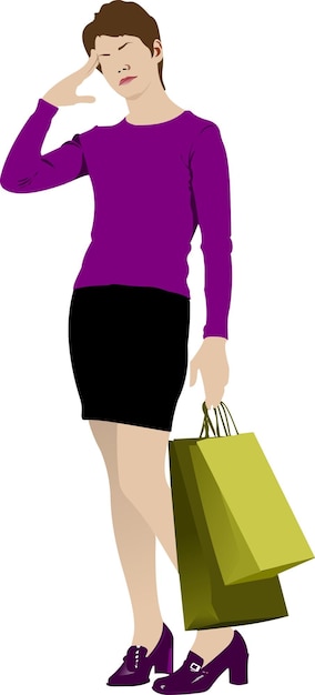 Vektor cute shopping lady with bags colored illustration