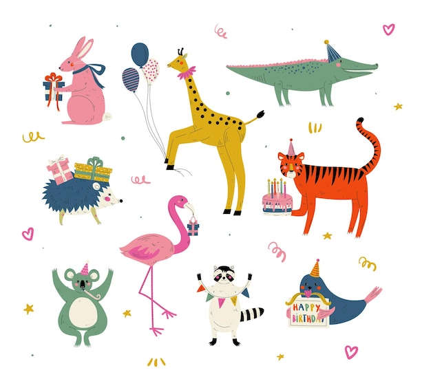 Cute Tiere tragen Partyhüte mit Geburtstagskuchen und Geschenkkisten mit einem niedlichen Hasen-Giraffe-Krokodil
