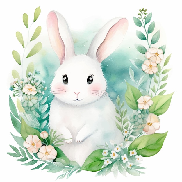 Cutie Bunny mit Blumen Aquarellfarbe