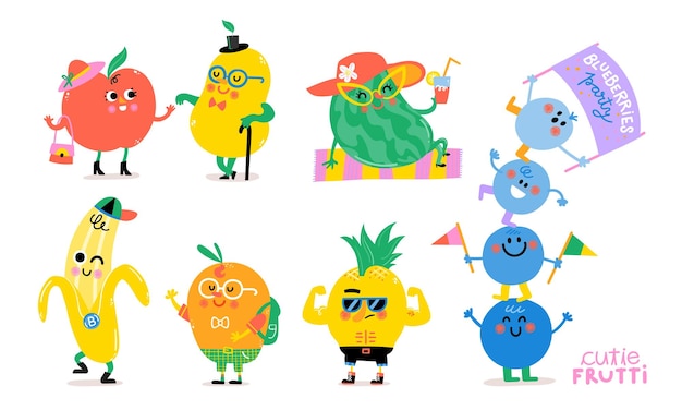 Vektor cutie frutti characters mini früchte illustrierte sammlung ananas apfel birne teil 2