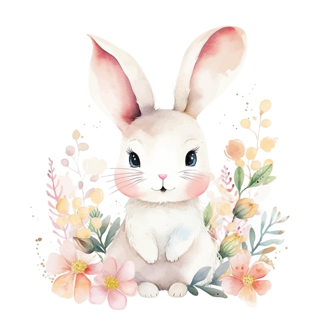 Cutie Kaninchen umgeben von Blumen Aquarellfarbe