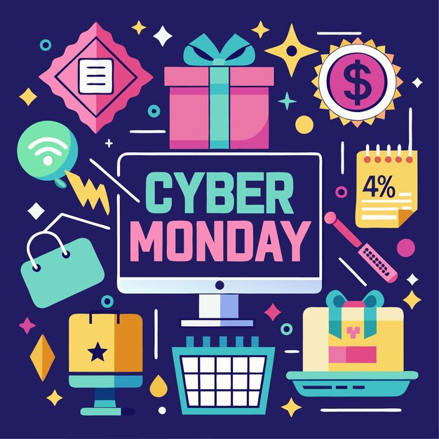 Cyber Monday Einkaufsveranstaltung mit Ikonen von Computergeschenken Einkaufstaschen Sterne Rabatt und Einkaufswagen