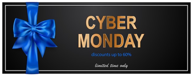 Cyber monday-verkaufsbanner mit blie-bogen und bändern auf schwarzem hintergrund. vektorillustration für poster, flyer oder karten.