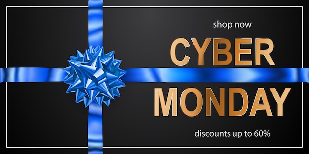 Cyber monday-verkaufsbanner mit blie-bogen und bändern auf schwarzem hintergrund. vektorillustration für poster, flyer oder karten.