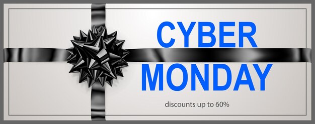 Cyber monday-verkaufsbanner mit schwarzer schleife und bändern auf weißem hintergrund. vektorillustration für poster, flyer oder karten.