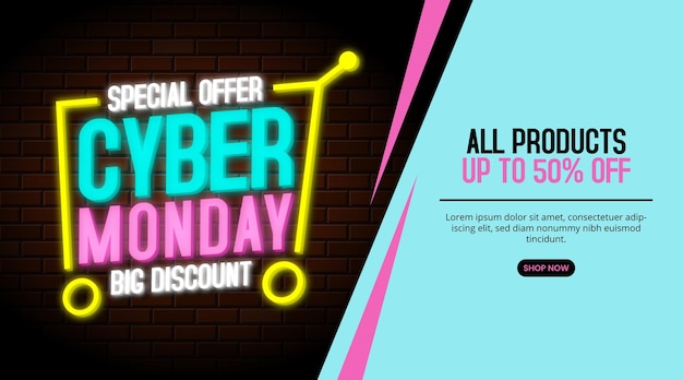 Cyber monday-verkaufshintergrund mit neontextdekoration