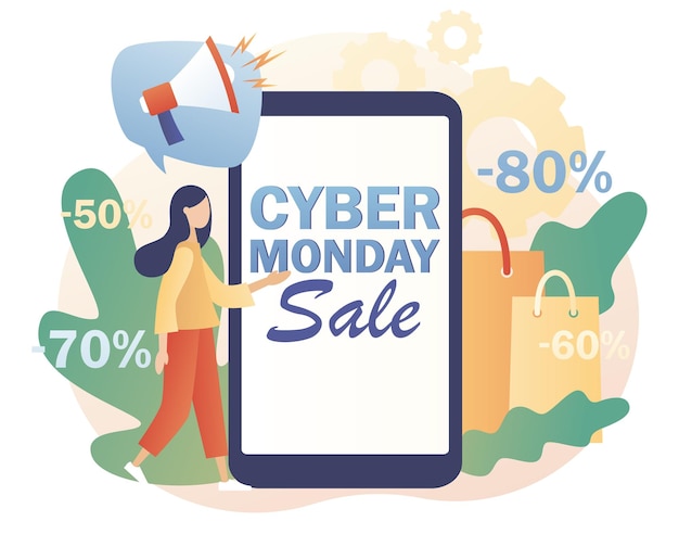 Cyber monday-verkaufstext auf dem smartphone-bildschirm kleine frau, die online einkauft große verkaufsförderung