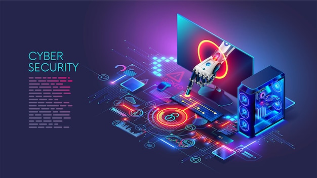 Cyber security concept Malicious bot hand sticks out of computer screen presses button on keyboard Lock icon on screen blocks access to user data Data security system Computer protection Hacking