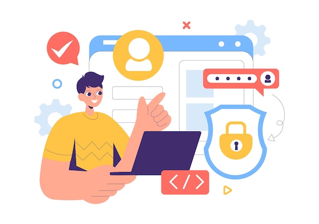Cyber Security Vector Illustration von Datenschutz-Sicherheitsmaßnahmen und sicheren Systemen für Netzwerke Internet und Backup-Server im Hintergrund