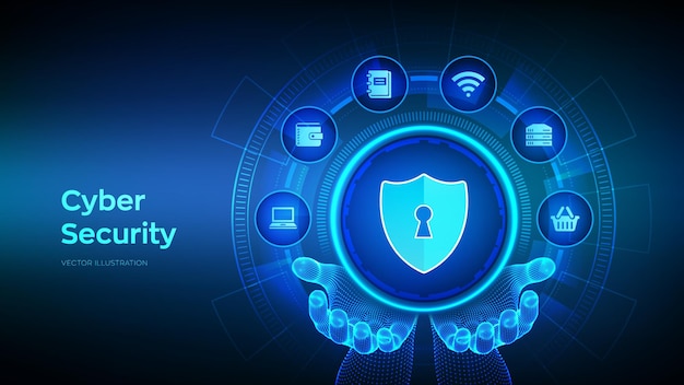 Cyber-Sicherheit Datenschutz-Geschäftskonzept auf virtuellem Bildschirm Schild schützen Symbol in Wireframe-Roboterhänden Antivirus-Schnittstelle Vektor-Illustration