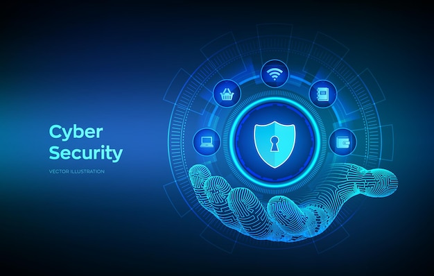 Cyber-Sicherheit Datenschutz-Geschäftskonzept auf virtuellem Bildschirm Schild schützen Symbol in Wireframe-Roboterhand Antivirus-Schnittstelle Vektor-Illustration