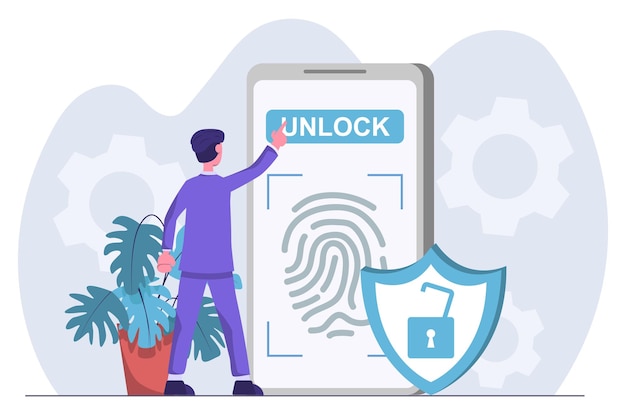 Vektor cyber-sicherheit geschäftsmann entsperrt telefon mit fingerabdruck