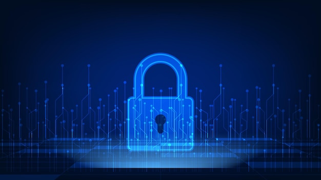 Cyber-Sicherheitstechnologie-Konzept digitales Vorhängeschloss mit virtuellem Bildschirm auf dunkelblauem Hintergrund