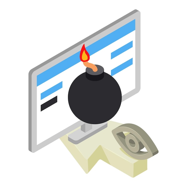 Cyberangriffs-Symbol isometrischer Vektor Bombe auf Computermonitor und Pfeil-Cursor Internetbedrohung Cyberkriminalität