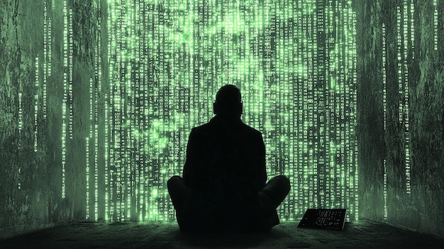 Cybercrime Hacker und denken am Computer für Virus Overlay und futuristisch am Schreibtisch Mann krimineller Hoodie und bereit für die Kodierung von Cyber-Angriffen und Programmierung für Malware mit Tech-Betrug und Daten