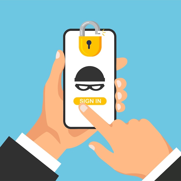 Cyberkriminelle hacken benutzeranmeldung prozess des diebstahls persönlicher daten hand hält smartphone