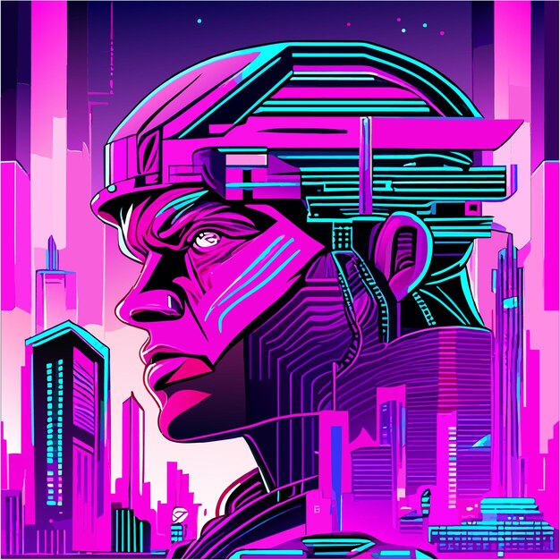 Vektor cyberpunk-metropole verwandelt in brillantes pop-art-cyborg-tattoo