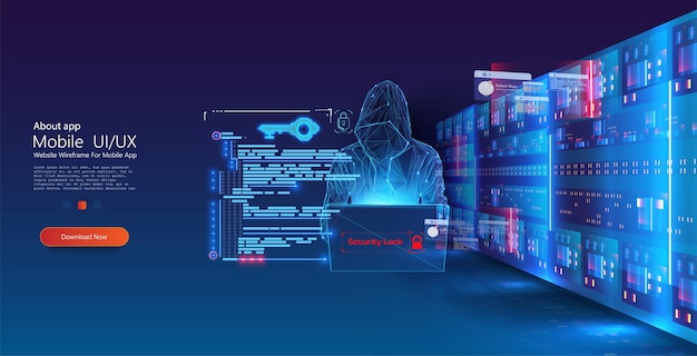 Cybersecurity Digital Interface with Holographic Projection and Server Racks Showcasing a user interface for mobile app development with digital security elements and futuristic server background