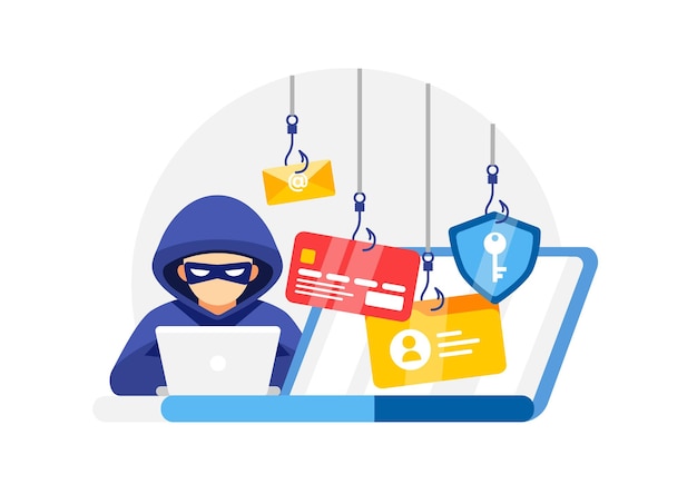 Cybersecurity-Konzeptvektor-Illustration, die einen Hacker mit Phishing-Haken zeigt, der E-Mails ins Visier nimmt