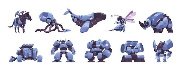 Vektor cyborg-tiere futuristische mechanische roboterfiguren cartoon-punk-roboter-zoo-maschinen mit mechanischem körper ai-elektronikkonzept vektor-flachsatz