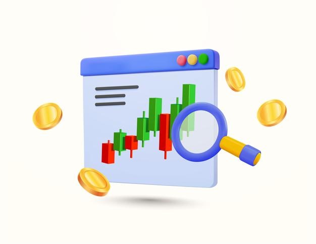 D Aktien- oder Krypto-Investition oder Handelsanalyse Banner wachsendes Kerzendiagrammfenster