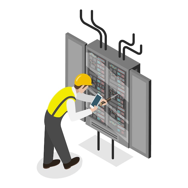 Vektor d isometrische flache vektorillustration der elektrizitätsversorgung elektrizitätsarbeiter