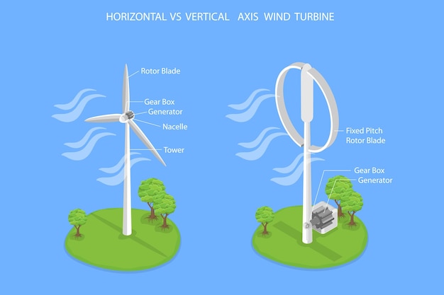 D isometrische flache Vektorillustration des Arbeitsprinzips einer Windkraftanlage mit horizontaler und vertikaler Achse
