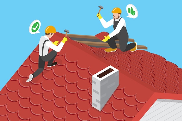 D isometrische flache Vektorkonzeptuelle Illustration des Dienstes des Dachwartungsteams von Dachträgern