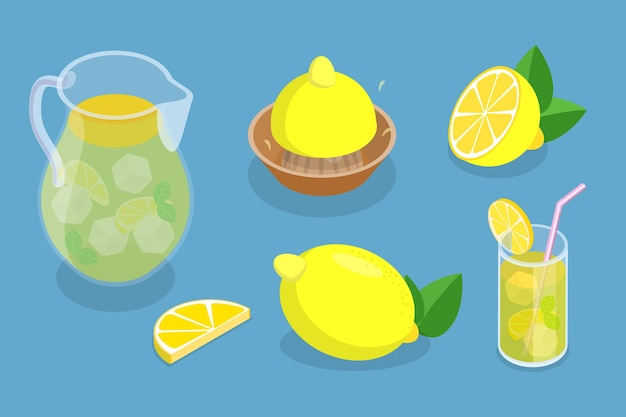D isometrische flache Vektormenge von Limonadenelementen Zitroneneis und Krug